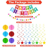 Happy Birthday Banner, Rainbow Birthday Decorations Set With 6 Honeycomb Balls, 8 Star Hanging Swirl Streamers, Circle Dots Garland Perfect For Women, Men, Boys, Girls