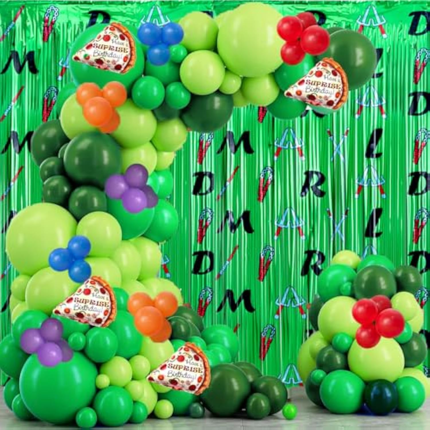 153Pcs Green Turtle Balloon Garland Arch Kit,Include Turtle Balloons Arch, Pizza Foil Balloon,2 Pack Turtle Themed 6.6Ft X 3.3Ft Sparkle Metallic Tinsel Foil Fringe Curtains Backdrop