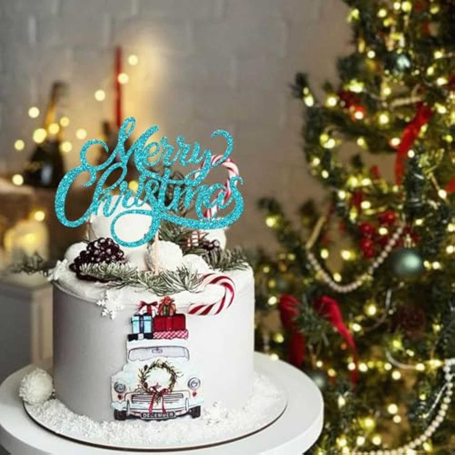Glitter Blue Merry Christmas Cake Topper Festive Holiday & New Year Decor