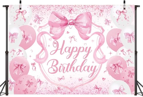 Pink Bow Birthday Backdrop for Girls 7x5FT Pink Balloon Bowknot Photography Background Cute Coquette Bachelorette Happy Birthday Banner Decorations Supplies Photo Props