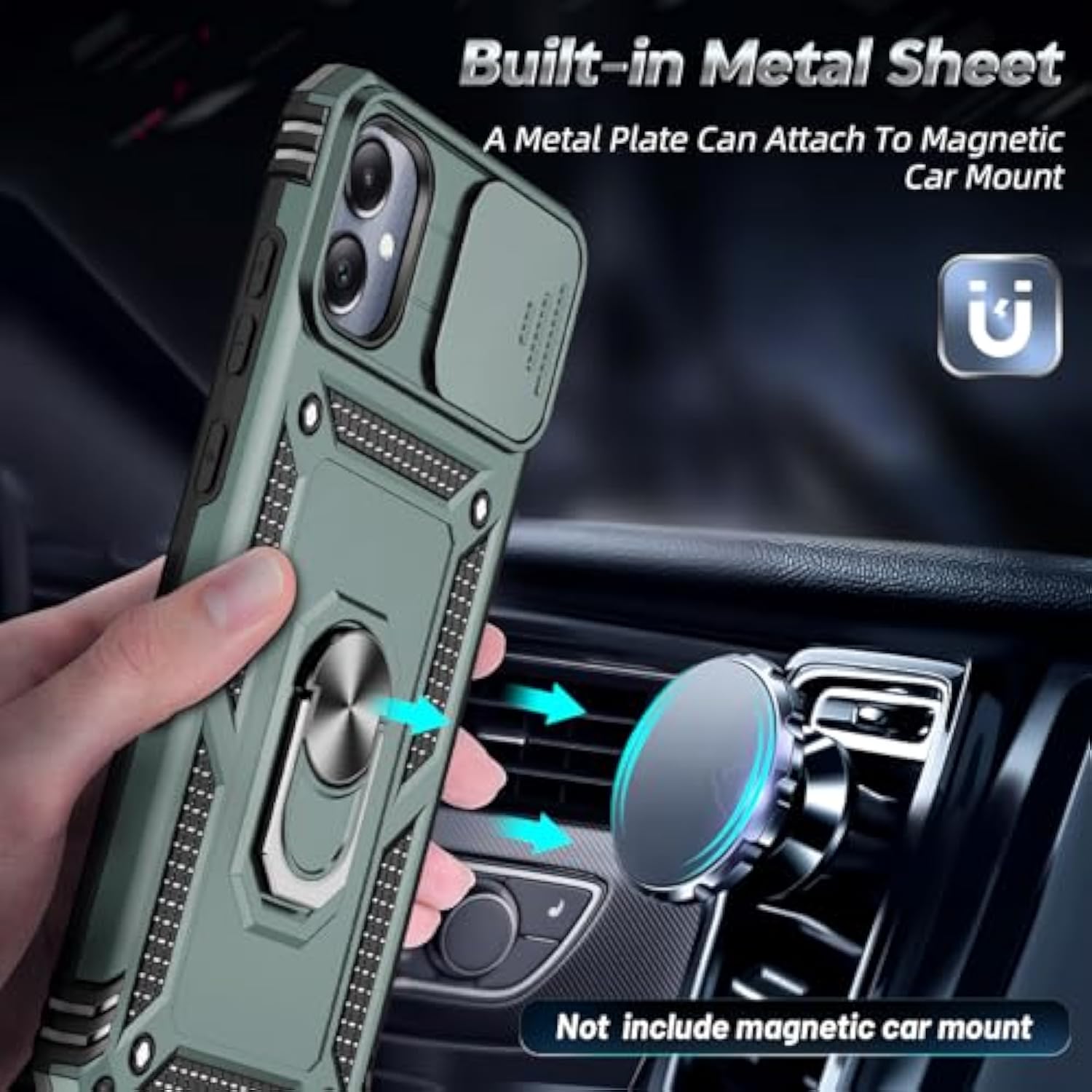 For Samsung A05 Case, A05 Phone Case With Slide Camera Cover + Tempered Glass Screen Protector, -Grade Phone Case With Metal Kickstand For Samsung Galaxy A05, Green