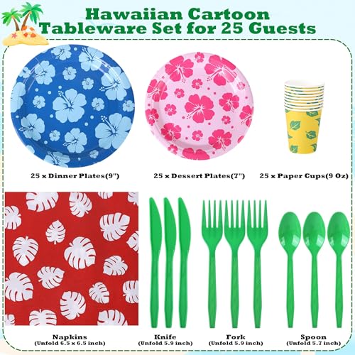 175 Pieces Hawaiian Cartoon Party Supplies Tropical Hawaii Hibiscus Floral Tableware Set 7 Inch & 9 Inch Paper Plates Napkins Cups Cutlery for Birthday Blue Cartoon Party, Serve 25 Guests