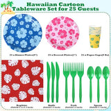 175 Pieces Hawaiian Cartoon Party Supplies Tropical Hawaii Hibiscus Floral Tableware Set 7 Inch & 9 Inch Paper Plates Napkins Cups Cutlery for Birthday Blue Cartoon Party, Serve 25 Guests