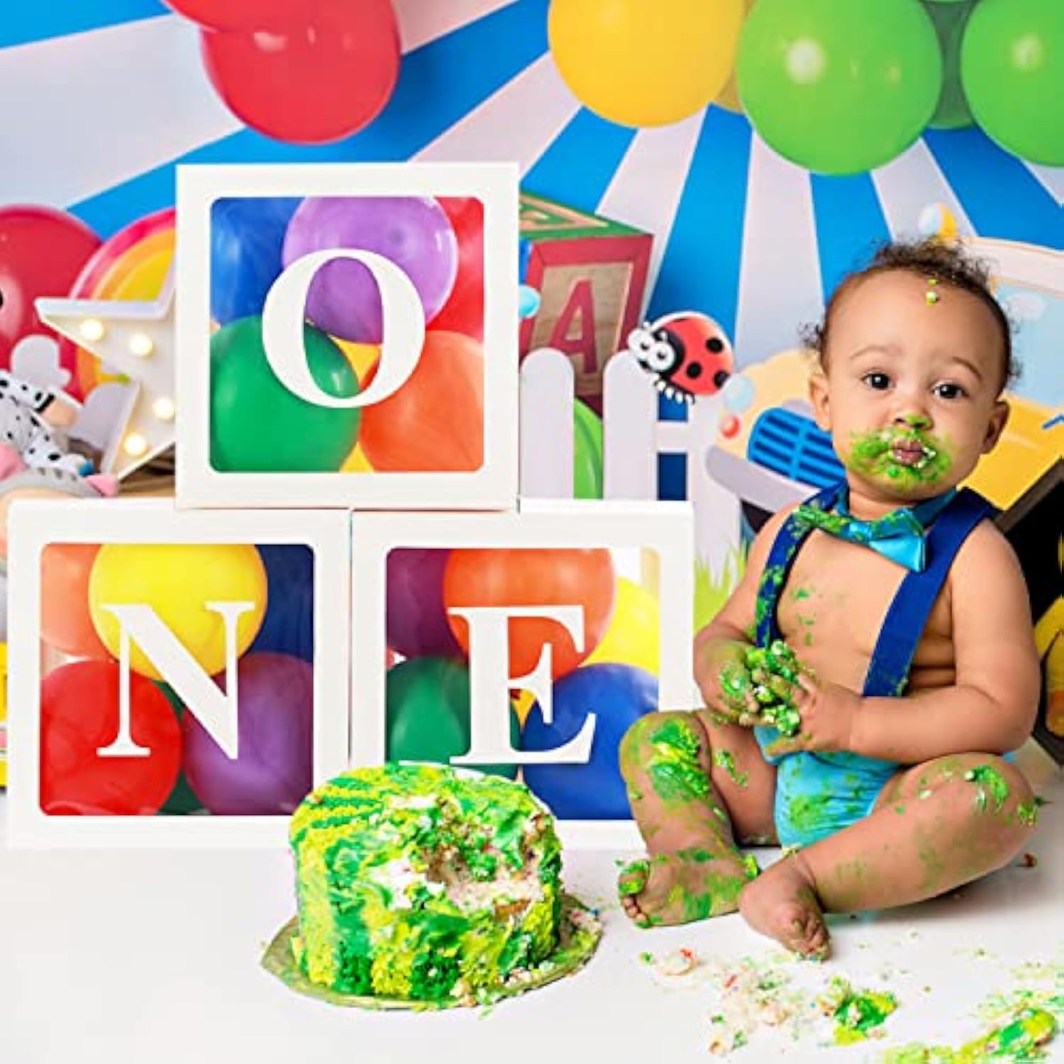 First Birthday Decorations For Boy Girls, One Balloon Boxes With Rainbow Balloons, One Blocks For Cartoon Watermelon Street Rainbow Theme Baby 1St Birthday Backdrop, Cake Smash Photo Props