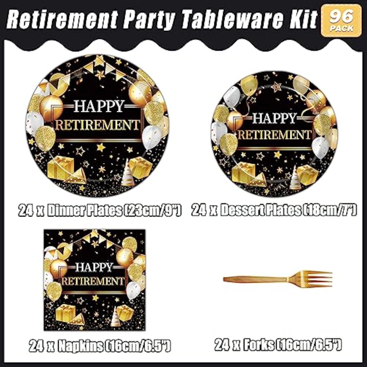 96-Piece Retirement Party Tableware Set – Gold & Black Disposable Plates and Napkins for 24
