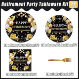 96-Piece Retirement Party Tableware Set – Gold & Black Disposable Plates and Napkins for 24