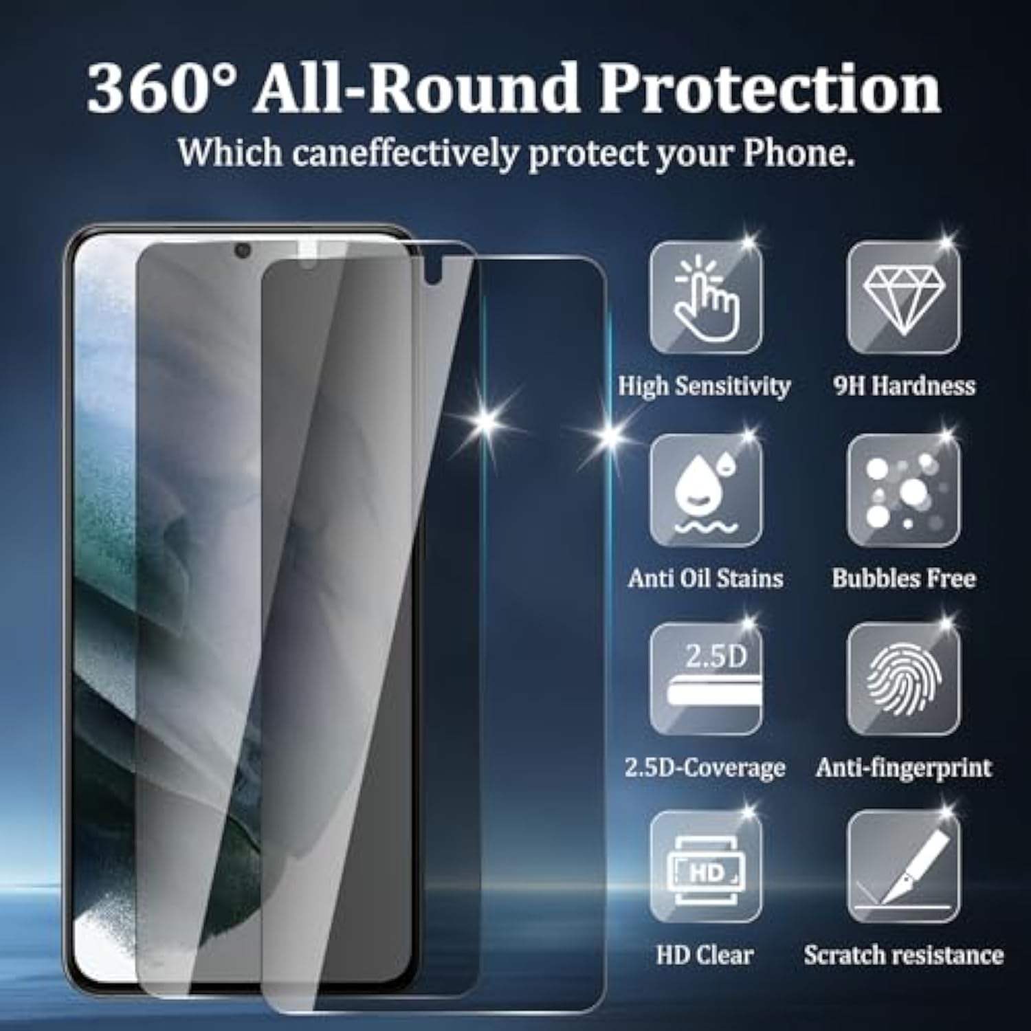 [4 Pack] 2 Pack Privacy Screen Protector For Samsung Galaxy S21 5G With 2 Pack Camera Lens Protector, 9H Hardness Anti Spy Tempered Glass Screen Protector