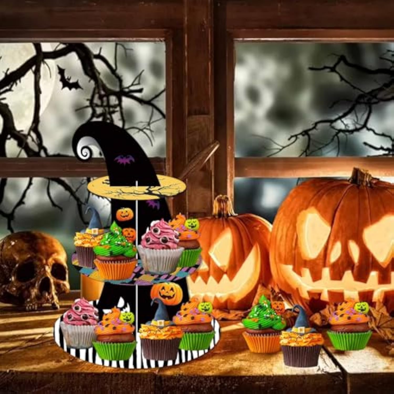 Black Halloween Cupcake Stand 3-Tier Cardboard Cake Stand Dessert Table Displays Centerpieces For Halloween Christmas Birthday Party Decorations