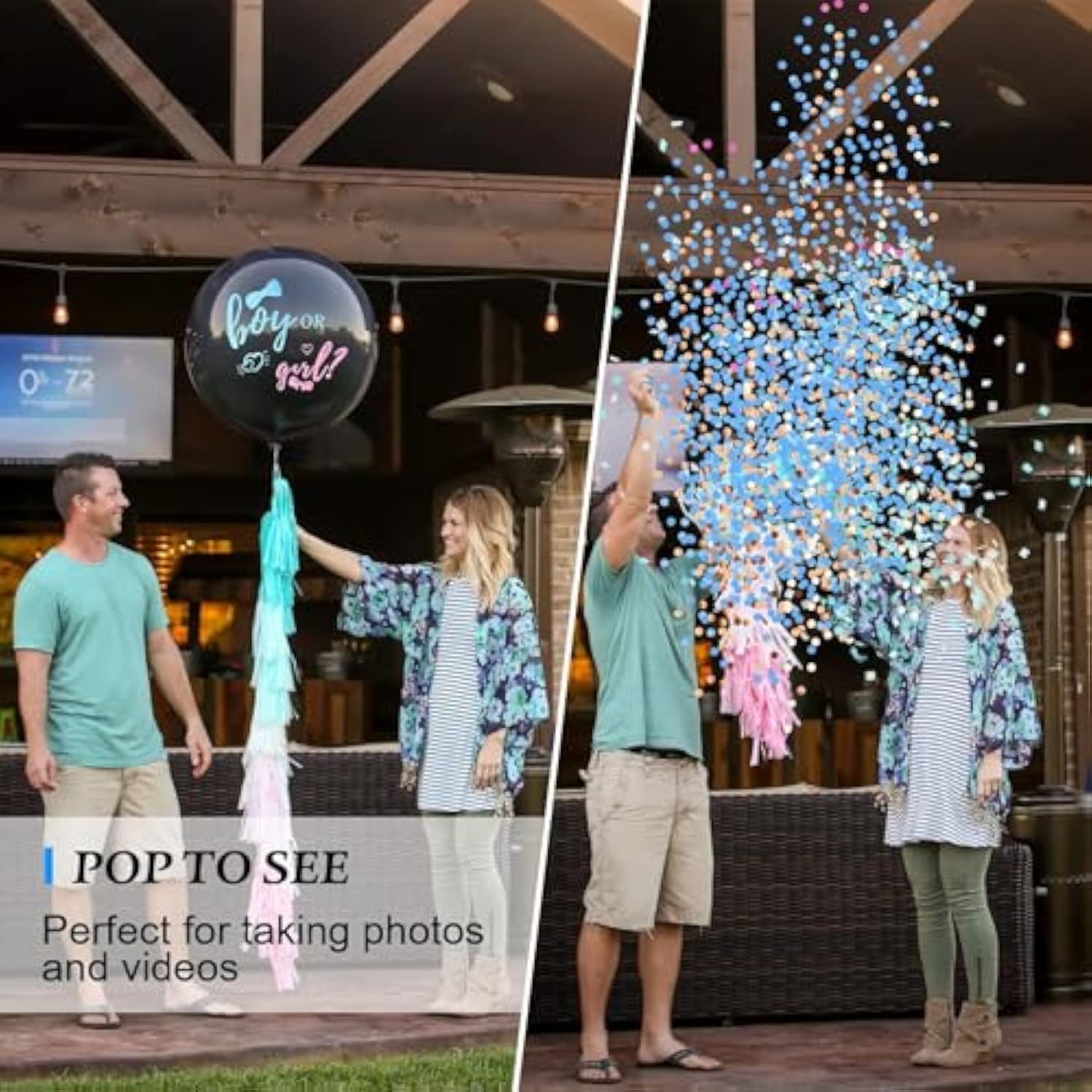 Gender Reveal Balloons: 36" Black Balloons with Pink & Blue Confetti