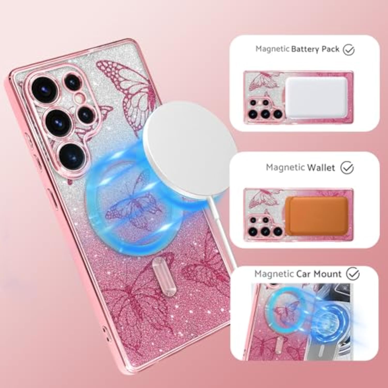 Case Fit For Samsung Galaxy S25 Ultra 6.9 Inch [Compatible With Magsafe] Glitter Bling Case [2 Pieces Of Butterfly Design Insert] Soft Tpu Shockproof Anti-Scratch Phone Cover For Women - Pink