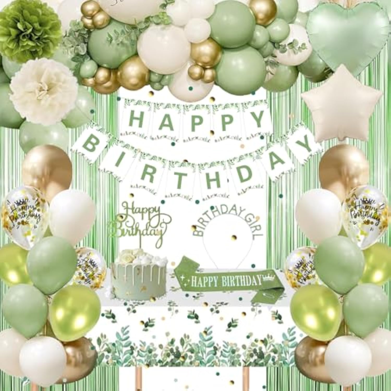Sage Green Birthday Decorations, Green Gold Balloons Bday Party Decorations Happy Birthday Banner Green Fringe Curtain Tablecloth Crown Sash Paper Pom Poms For Girls Women Bday Decor