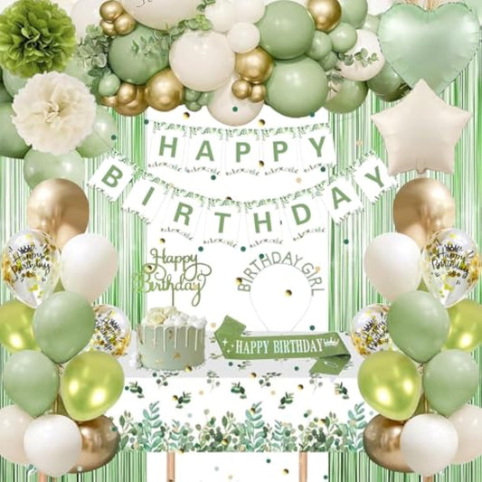 Sage Green Birthday Decorations, Green Gold Balloons Bday Party Decorations Happy Birthday Banner Green Fringe Curtain Tablecloth Crown Sash Paper Pom Poms For Girls Women Bday Decor