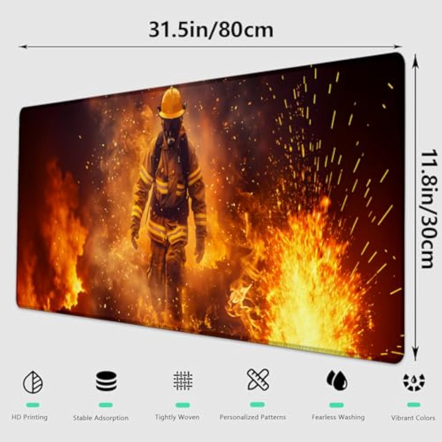 Heroic Firefighter Gaming Mouse Pad, Large Office Desktop Intense Fire Design Mousepad For Computer Laptop, Extended Work Desk Mat With Anti-Slip Base, Decorative Desk Pad 31.5×11.8 In