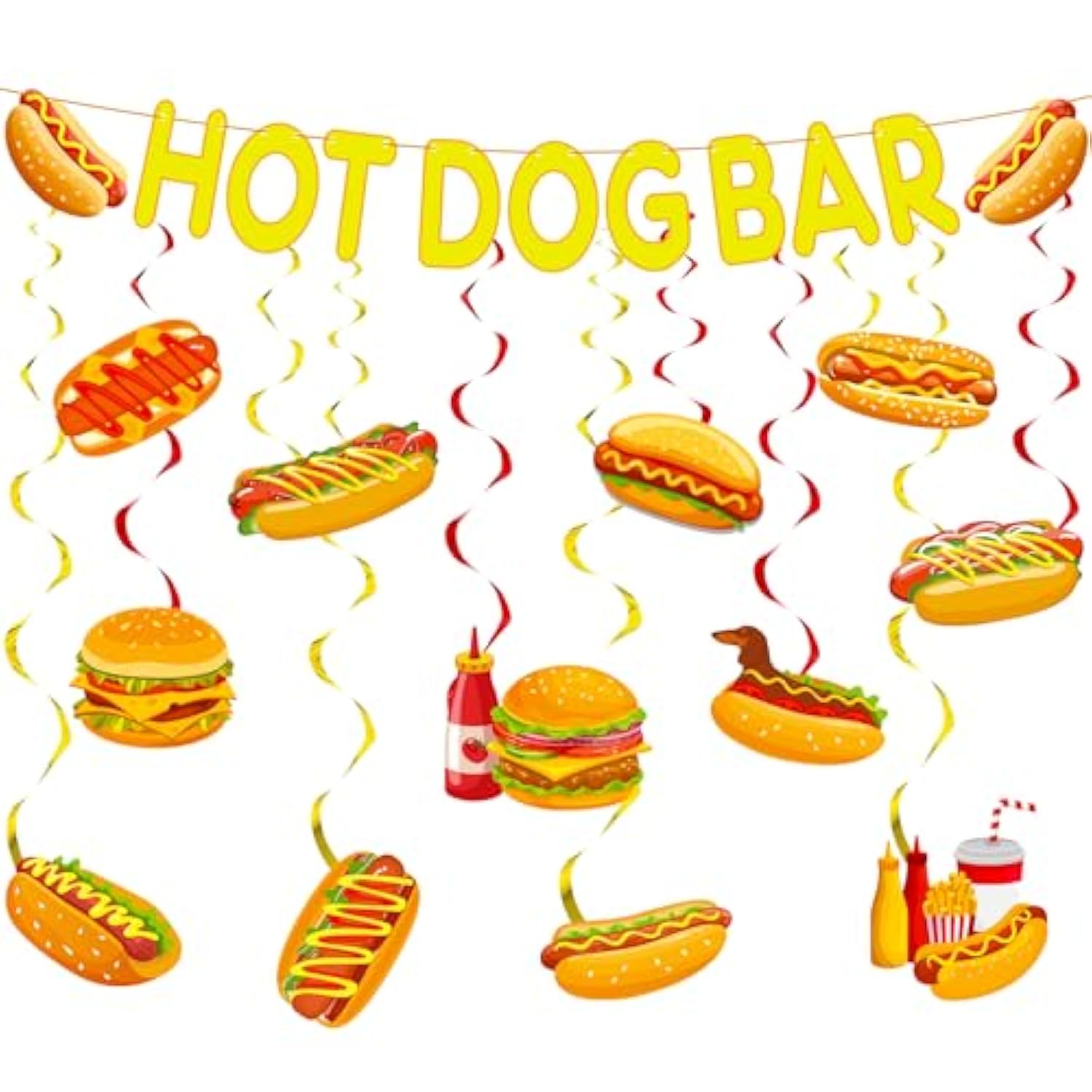 23 Pcs Hot Dog Bar Party Decorations Hot Dog Bar Banner With Hanging Swirls Decor For Sausage Food Birthday Baby Shower Party Decoration Supplies