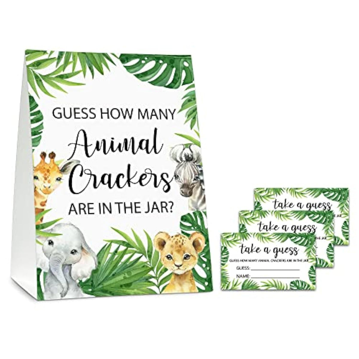 Guess How Many Animal Crackers Baby Shower Game, Jungle Animal, Safari Theme Baby Shower Game - 1 Standing Sign And 50 Cards For Gender Neutral-Lk-D05