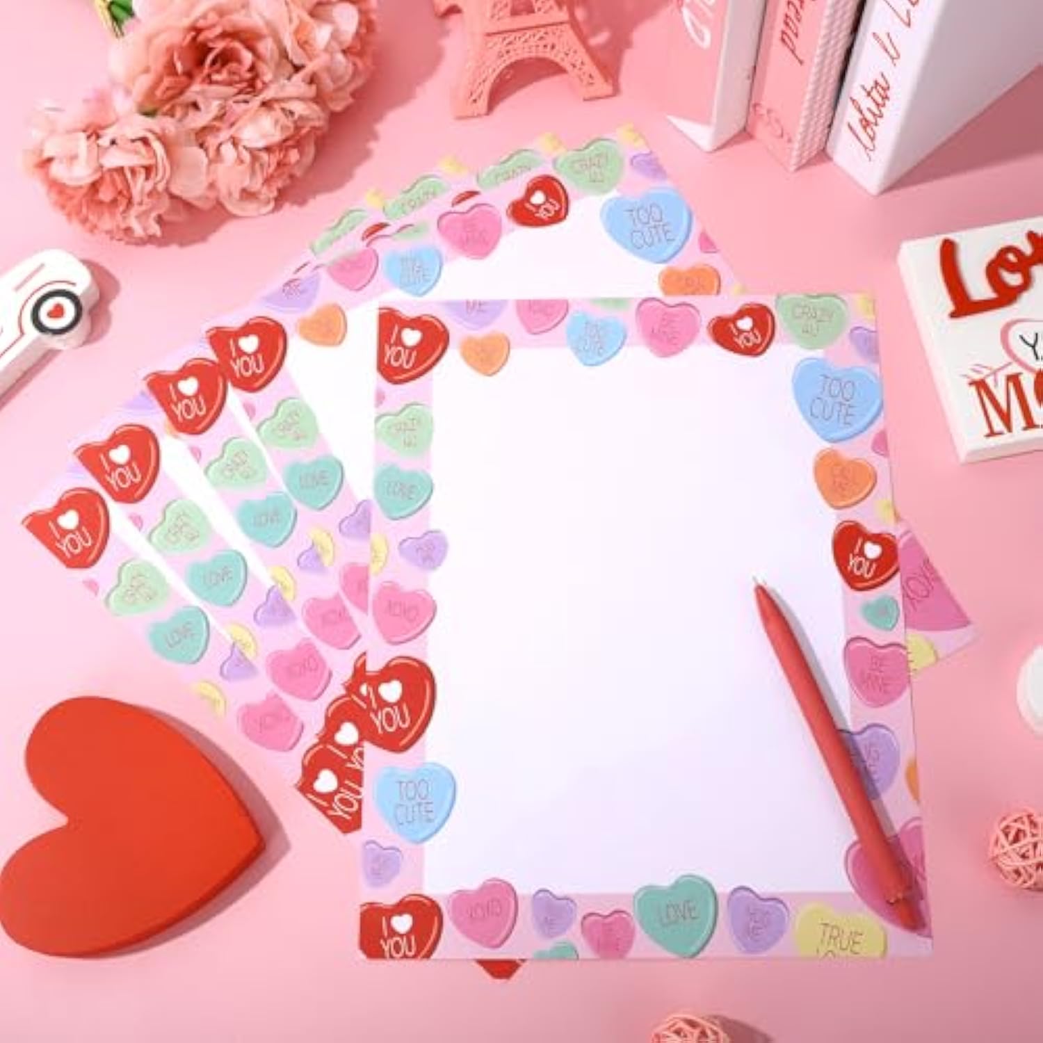 80 Sheets Valentine'S Day Stationery Paper Conversation Heart Letterhead Letter Writing Paper Single-Sided Colorful Computer Printer Paper For Note Invitation Office Printing, 8.5 X 11 In