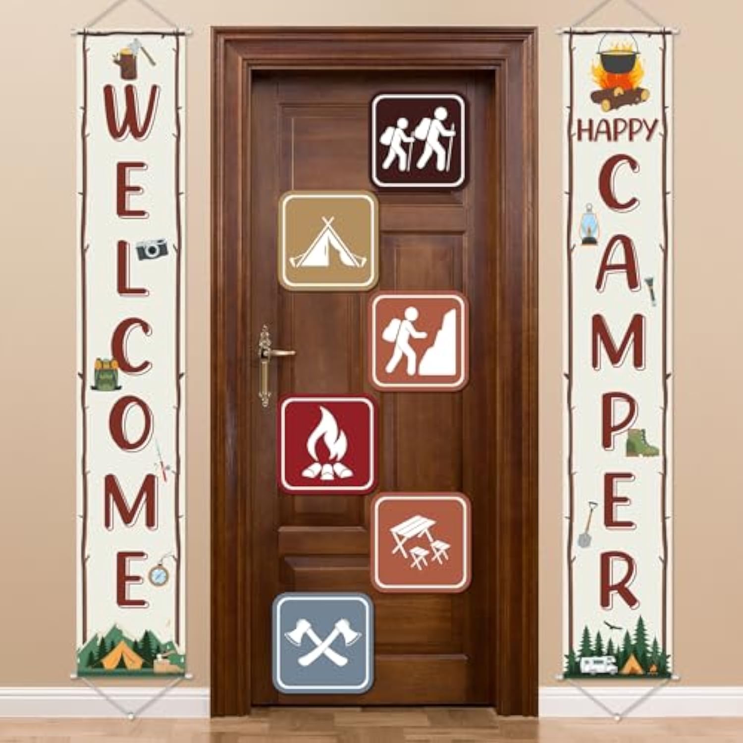Camping Party Decorations Set Welcome Happy Camper Porch Banner Sign Summer Camp Sign Cutouts Birthday Party Favors Camping Theme Birthday Decorations Hanging Supplies For Campfire Decor