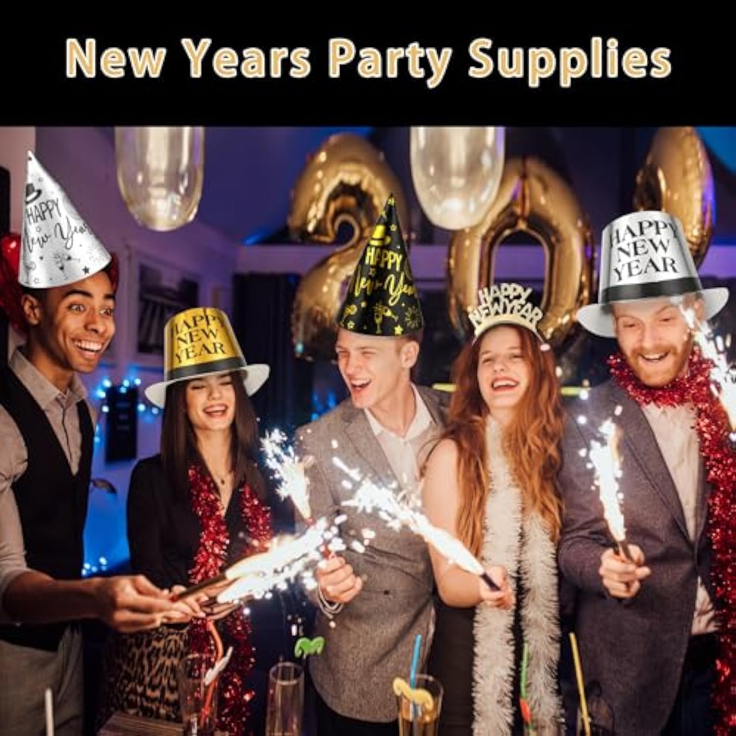 50 Pcs Black Gold Happy New Year 2026 Party Supplies Kit