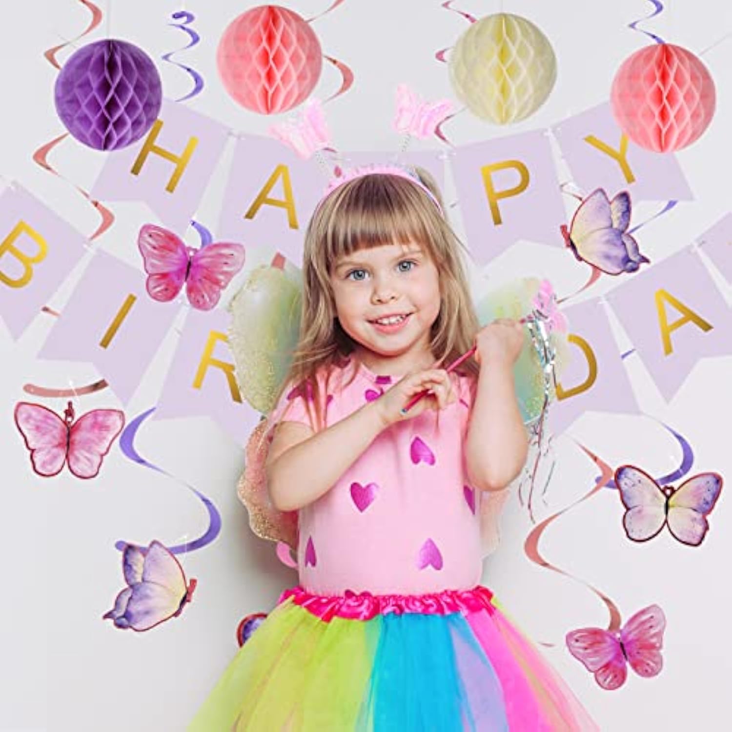 Birthday Decorations, Happy Birthday Banner With Honeycomb Balls, Butterfly Hanging Swirl Streamers, Circle Dots Garland, Happy Birthday Party Decorations For Women Men Boys Girls (Purple)