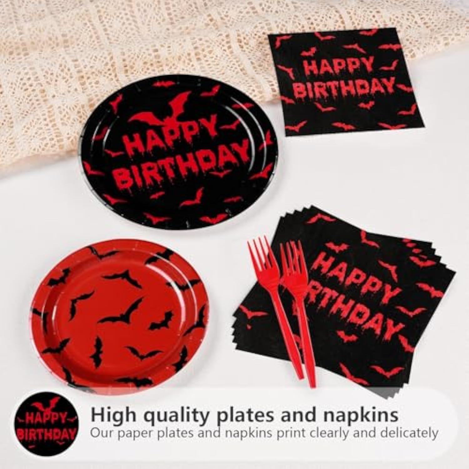 96Pcs Halloween Bats Birthday Party Supplies Bloody Bat Paper Plates And Napkins Red And Black Disposable Tableware For Boy Girl Halloween Birthday Party Decorations Serves 24