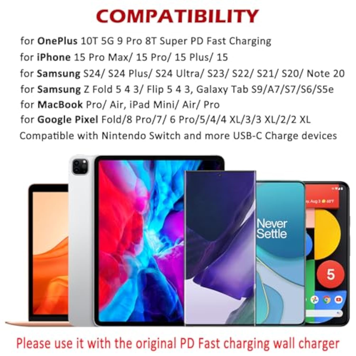6.6Ft 2-Pcs Supervooc Usb-C To Usb-C Cable For Oneplus 10T 5G 9 Pro 8T, Type C Warp Charge Dash Charger Cable 80W 65W Super Pd Fast Charging Cord For Samsung Fold 6 Flip 5 S24 S23 Tab S9 Ipad Macbook