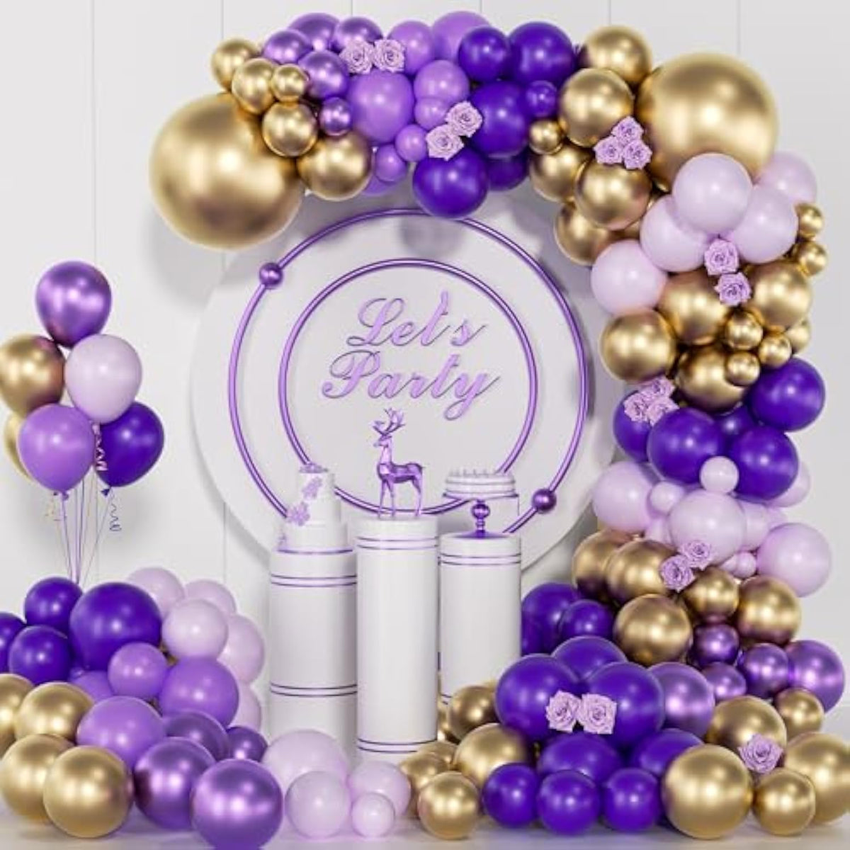 Purple And Gold Balloons Arch Kit, 140Pcs Dark Purple Metallic Gold Lavender Lilac Metallic Purple With Confetti Balloons For Baby Shower Girl Princess Party Women Birthday Wedding Decorations