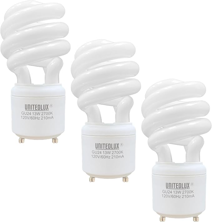 13W T2 Spiral GU24 CFL Light Bulbs 2700K Soft White 900 Lumens 2-Prong Twist Lock 3 Pack