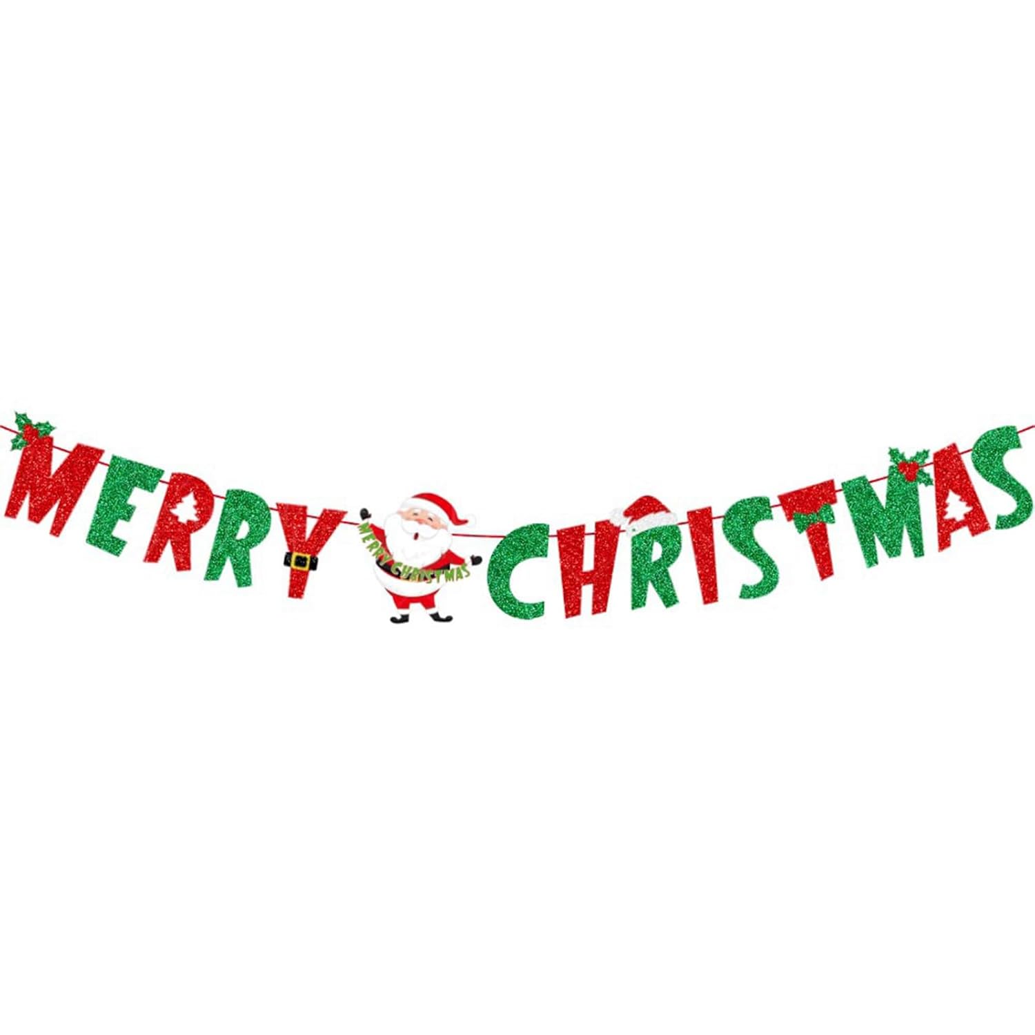 Merry Christmas Banner Glitter Red &Green Christmas Bunting Banner Sign For Xmas Decorations Indoor Christmas Home Wall Fireplace Mantel Décor
