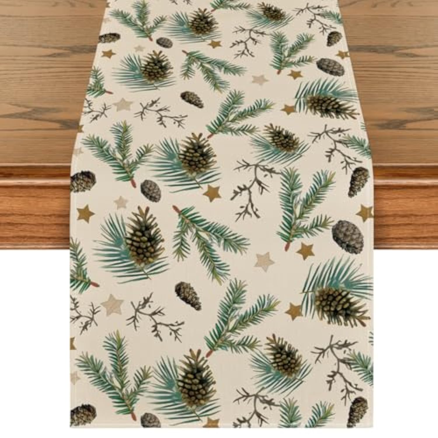 Pine Cone Leaves Stars Merry Christmas Table Runner, Seasonal Winter Green Kitchen Dining Table Decoration For Home Party Decor 13X36 Inch