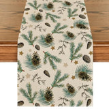 Pine Cone Leaves Stars Merry Christmas Table Runner, Seasonal Winter Green Kitchen Dining Table Decoration For Home Party Decor 13X36 Inch