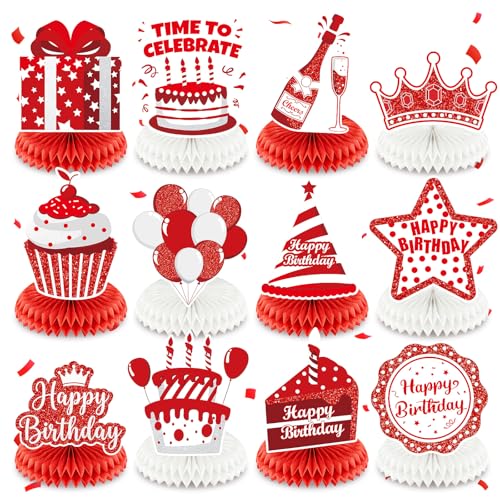 Red White Birthday Honeycomb Centerpieces Decorations 12Pcs Red White Birthday Honeycomb Table Centerpieces Bday Table Topper Sign Decor for Girls Women Home Office Birthday Party Supplies