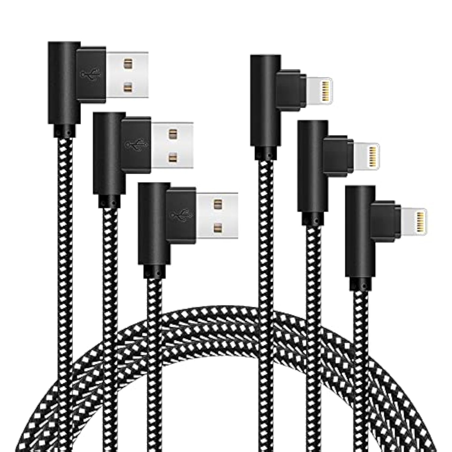 [3-Pack] Right Angle Iphone Charging Cable Nylon Braided 90 Degree Elbow Design Compatible With Iphone Xs Max/Xs/Xr/X, 8 7 6S 6 Plus, Se, 5S, 5C, 5, Ipad Mini/Air/Pro (Black White, 10Ft)