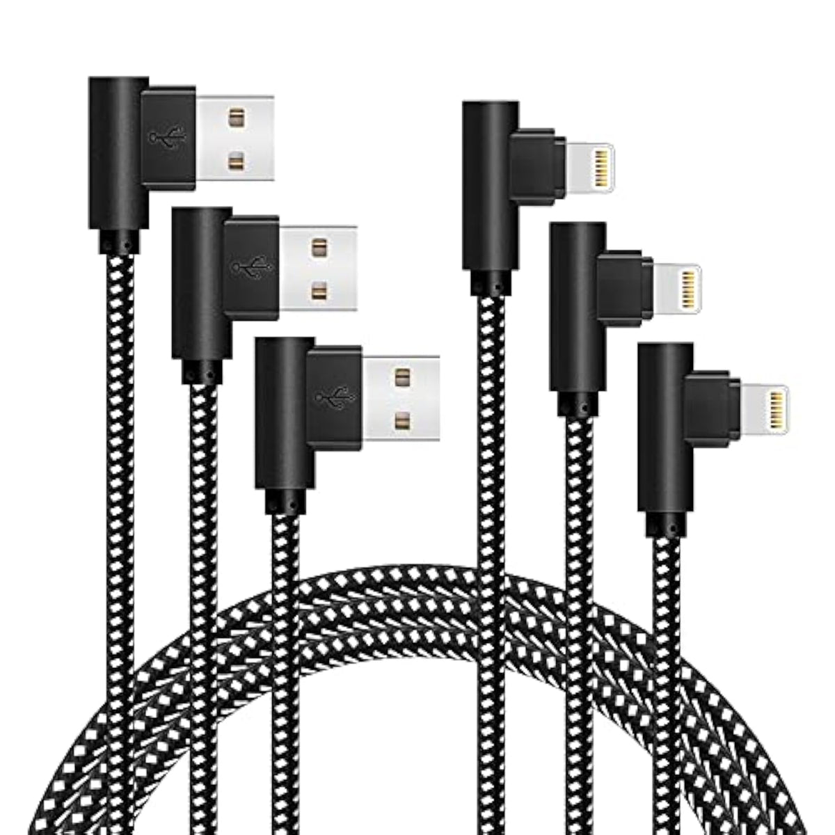 [3-Pack] Right Angle Iphone Charging Cable Nylon Braided 90 Degree Elbow Design Compatible With Iphone Xs Max/Xs/Xr/X, 8 7 6S 6 Plus, Se, 5S, 5C, 5, Ipad Mini/Air/Pro (Black White, 10Ft)