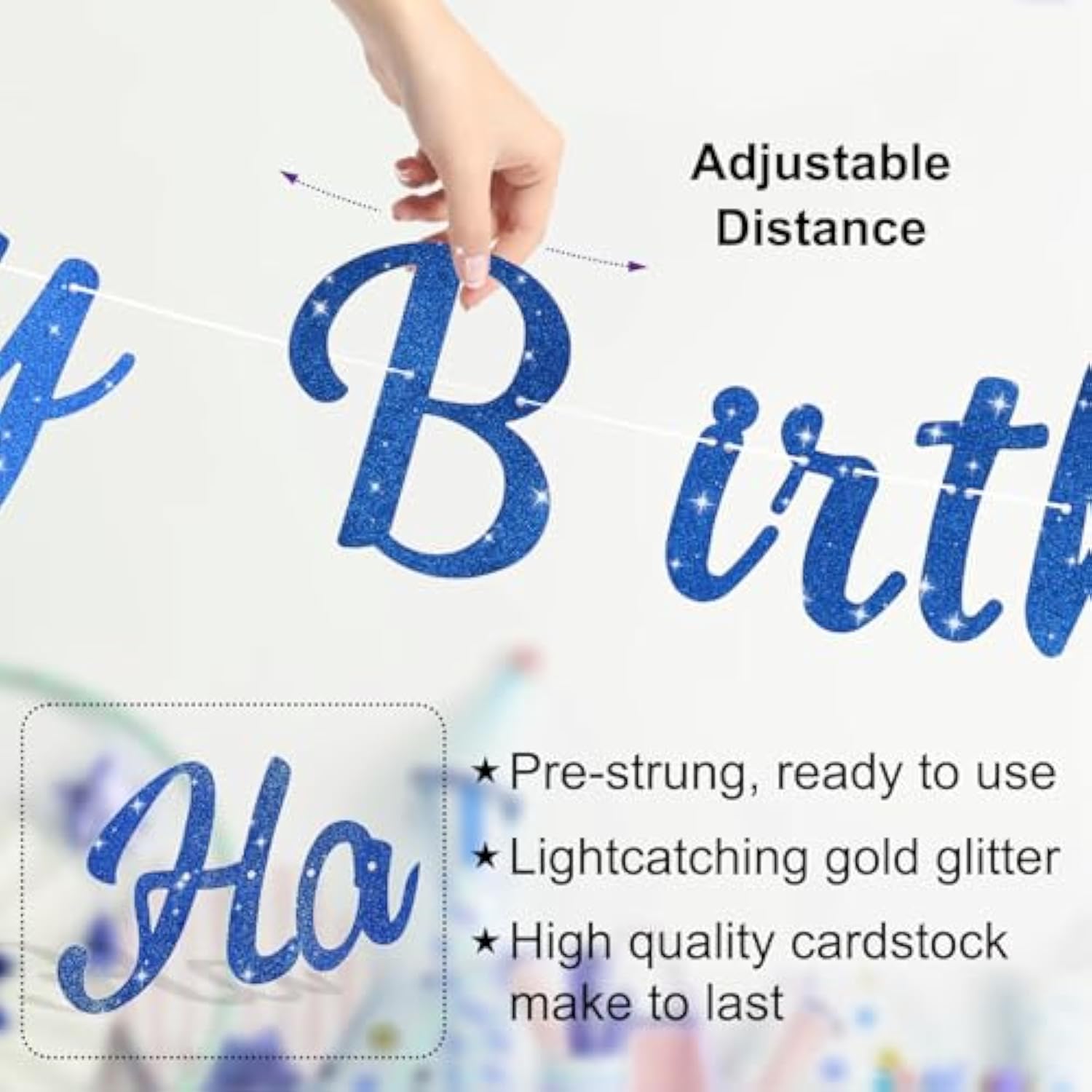 Pre-Strung Happy Birthday Banner, No Diy Birthday Decorations With Circle Dot Garland And Stars, Happy Birthday Party Decorations For Boys Men Girls Women (Blue)