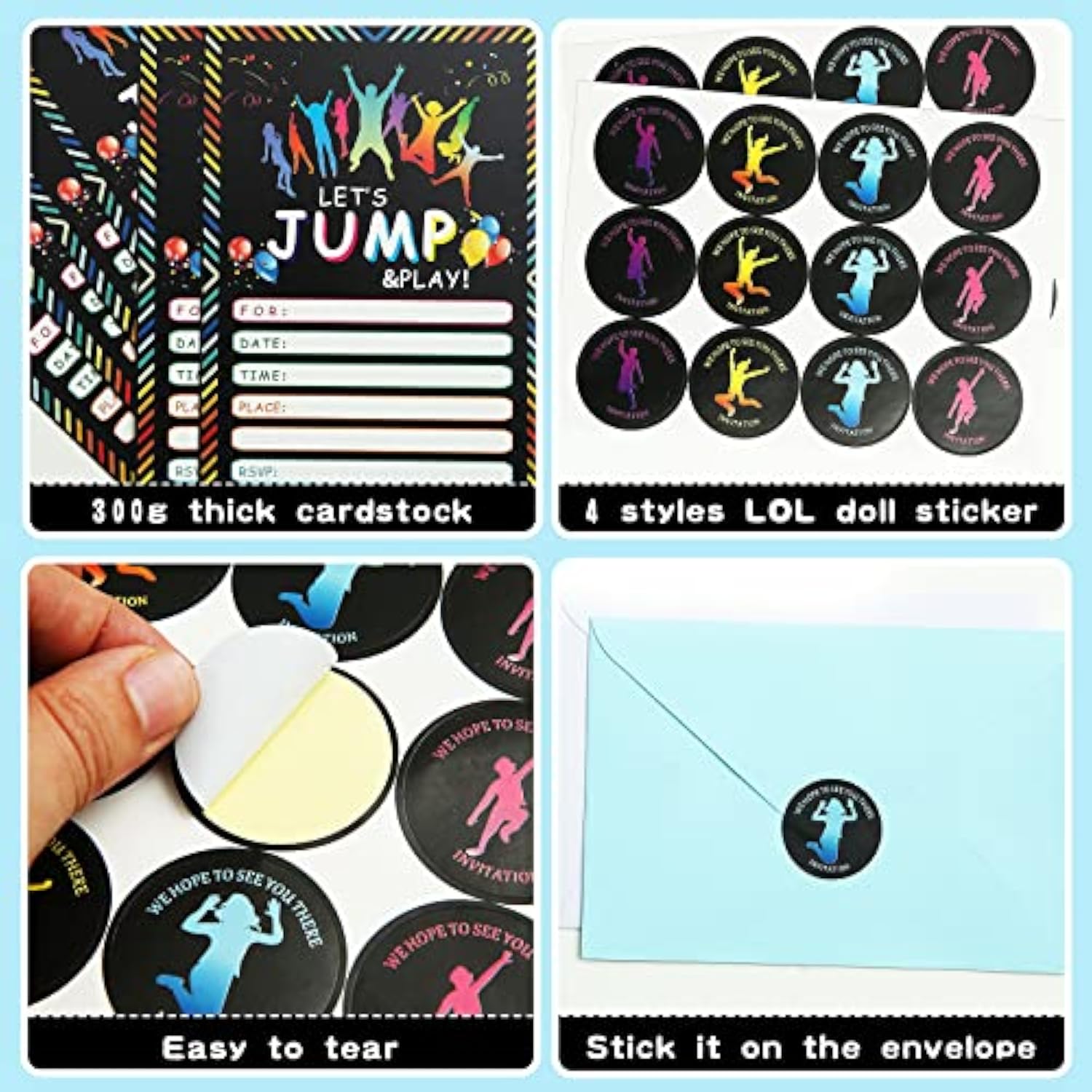 24 Pack Bounce House Birthday Invitations Jumping Party Invitation Cards, 24 Pack Jump Sticker Labels, 24 Envelopes Trampoline Jump Party Supplies For Boys Girls Kids Birthday Party