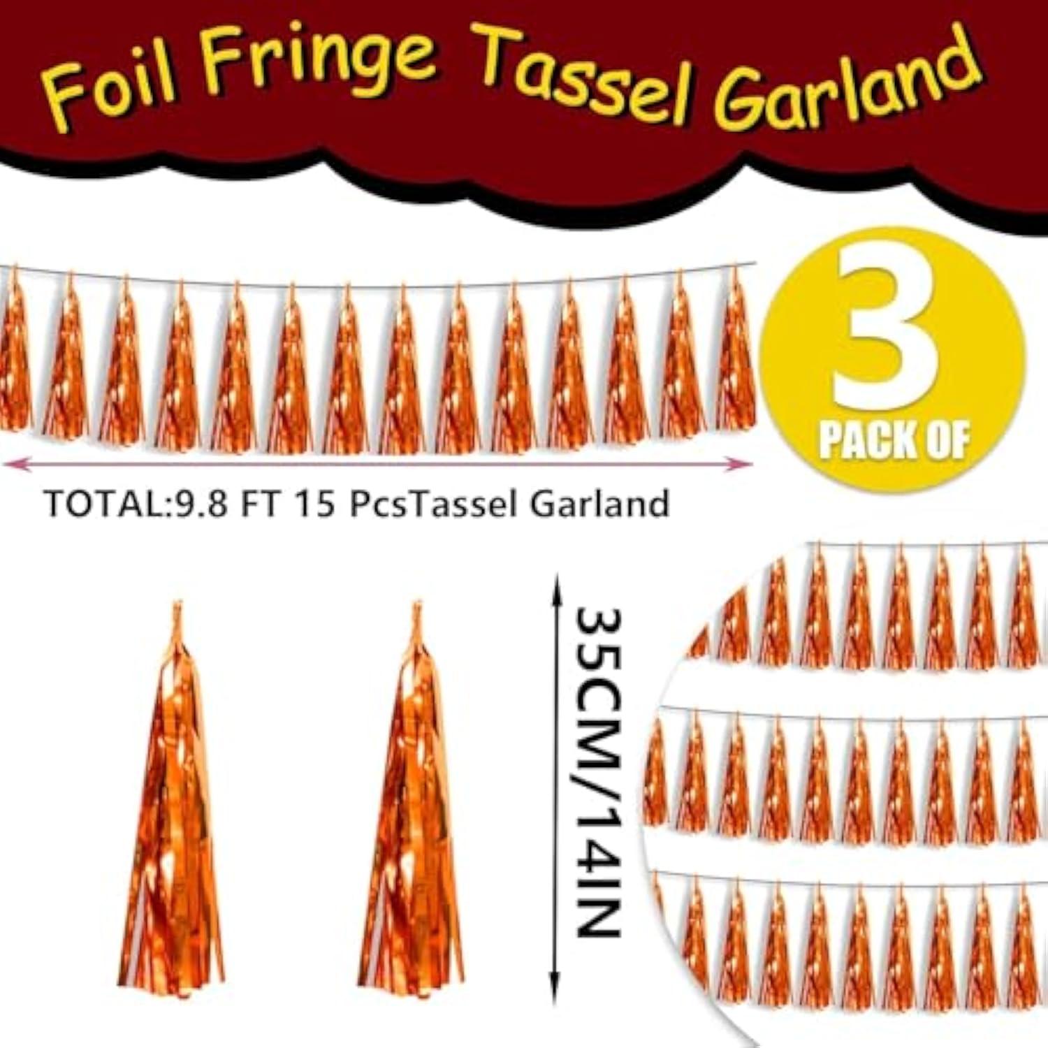 3P Metallic Fringe Tassel Banner Garland Foil Tinsel Streamer Wall Hanging Curtain Backdrop Banner For Parade Floats, Halloween Decorations, Christmas Day, Fall, Thanksgiving Party Decoration(Orange)