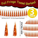 3P Metallic Fringe Tassel Banner Garland Foil Tinsel Streamer Wall Hanging Curtain Backdrop Banner For Parade Floats, Halloween Decorations, Christmas Day, Fall, Thanksgiving Party Decoration(Orange)