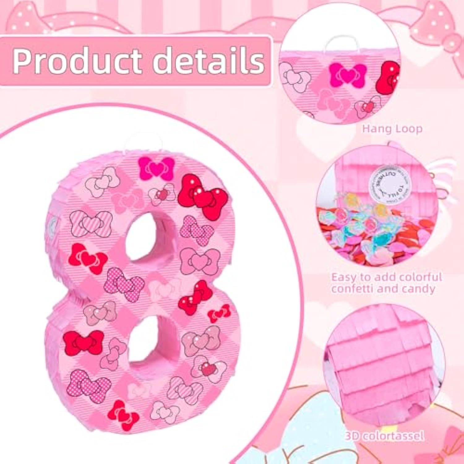 Pink Bow 8Th Birthday Decorations, 15.75Inch Bow Number 8 Piñata With Blindfold Stick And Confetti For Pink Bow Birthday Party Supplies (8)
