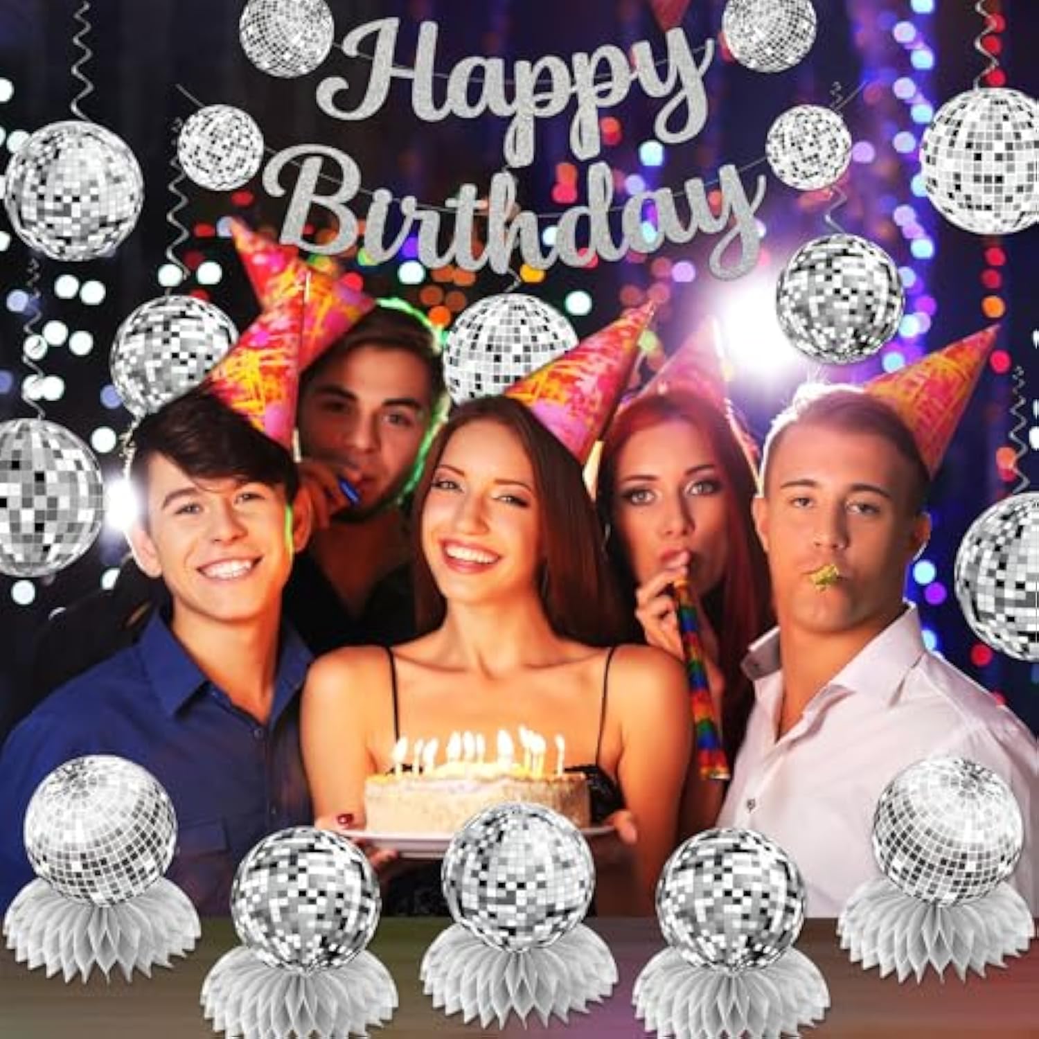 Disco Party Decorations Silver Disco Ball Banner Honeycomb Centerpieces Pack