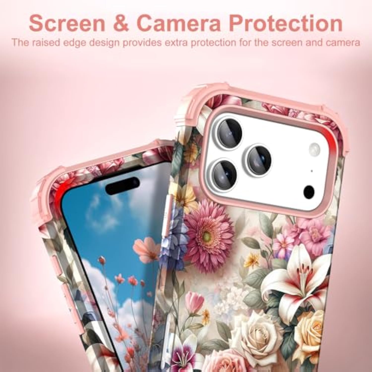For Iphone 17 Pro Case 6.3", Heavy Duty Shockproof Protection Soft Silicone Rubber+Hard Plastic Bumpers Hybrid Protective Case For Iphone 17 Pro 2025 - Rose Flowers