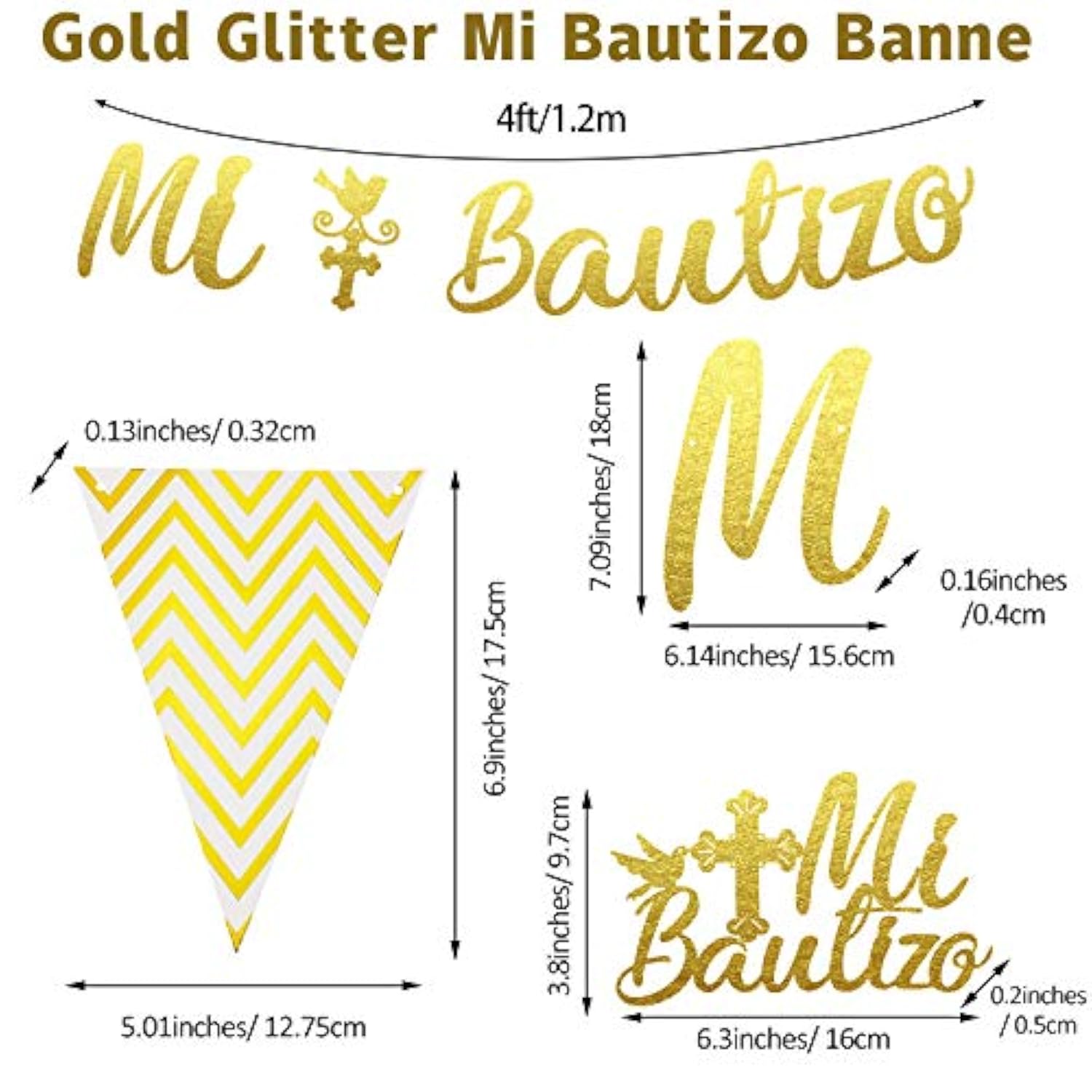 Gold Glitter Mi Bautizo Banner Triangle Flag Banner Glitter Mi Bautizo