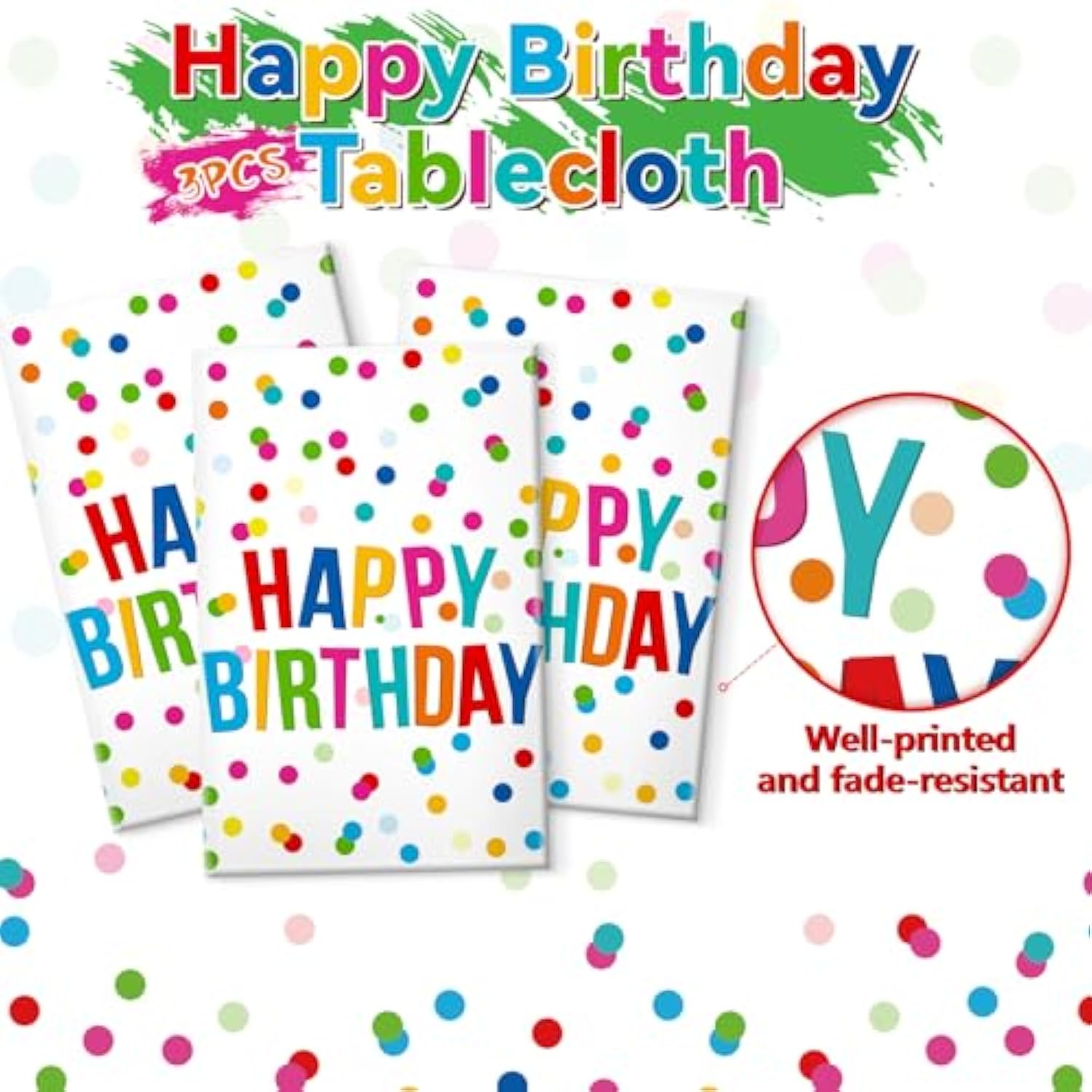 3pcs Birthday Tablecloth Set, Colorful Dots, Waterproof, 54x108" Party Decor