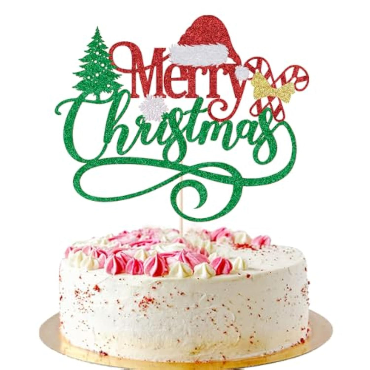 Merry Christmas Cake Topper,Glitter Green Xmas Holiday Cake Decorations,For Winter Christmas Santa Happy New Year Party Theme Cake Decorations (Red Green)
