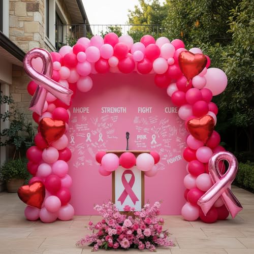 Hot pink and pink balloons 128pcs Breast Cancer Awareness Decorations Balloons Arch Kit Includes Latex Balloons with Pink Ribbons heart shaped balloon for Pink Ribbon Party Decoration Supplies