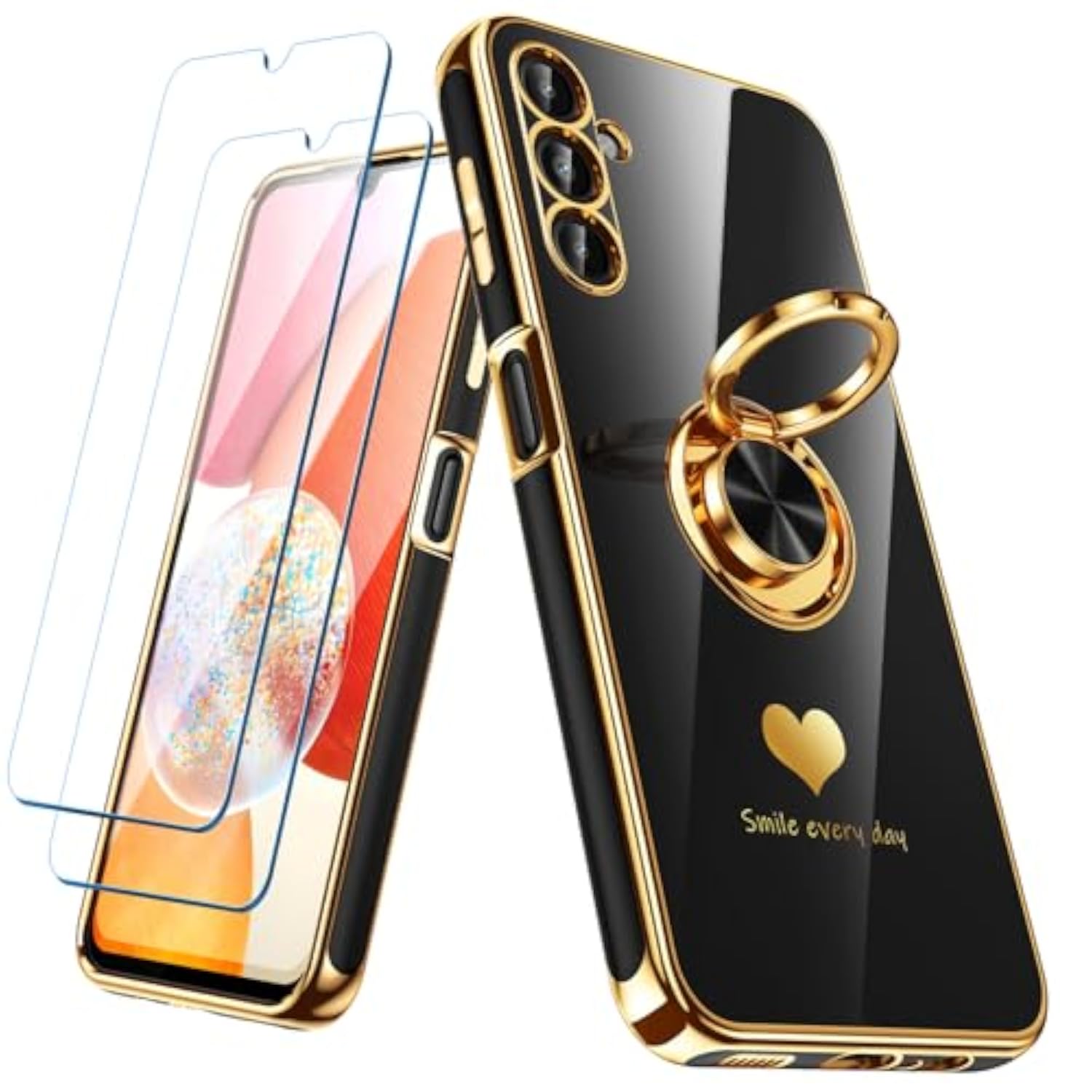 Luxury Gold Edge Slim Soft Phone Case for Samsung Galaxy A14 5G with 2 Pack Screen Protector and 360° Rotatable Ring Holder - Black