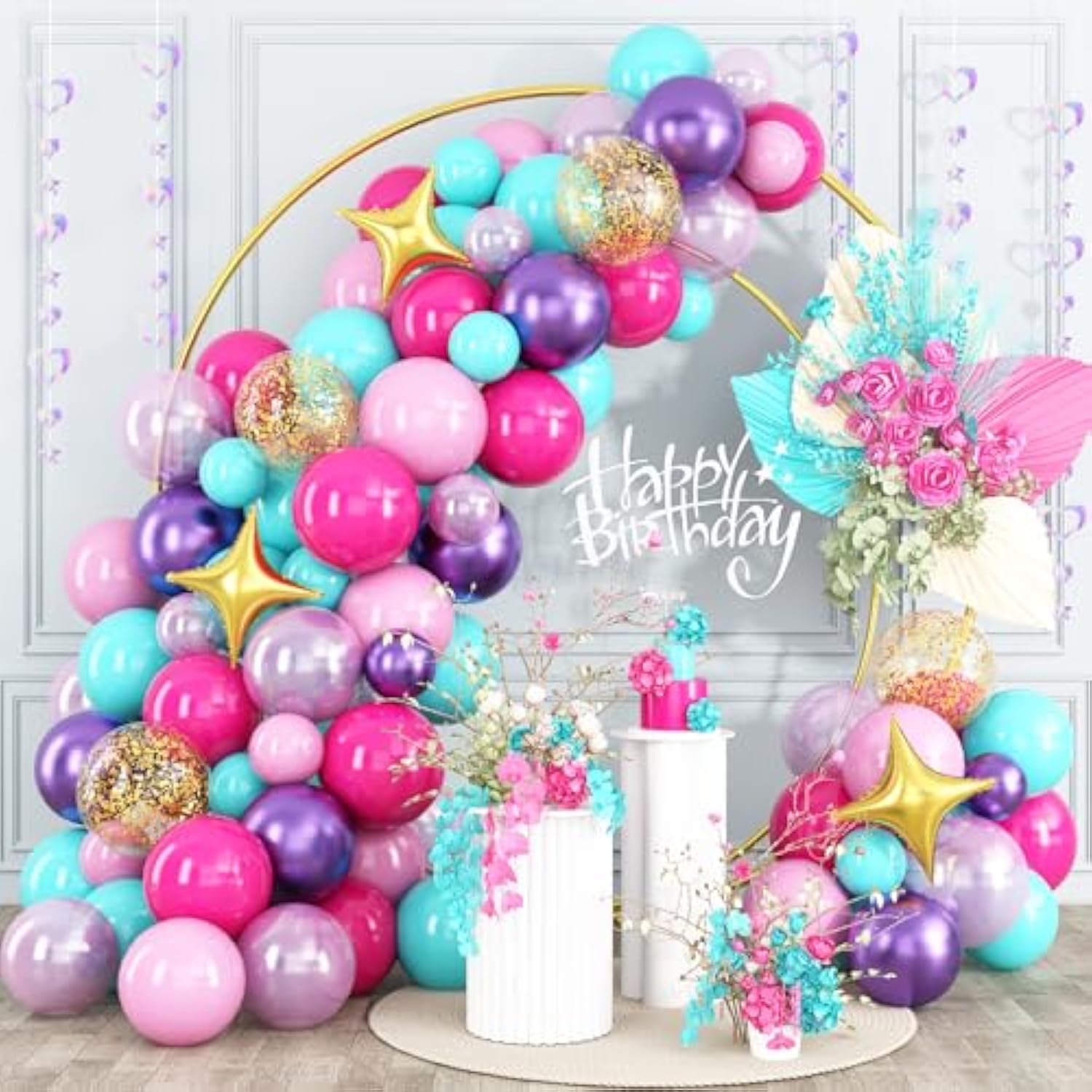 105Pcs Pink Purple Blue Balloon Arch Kit with Stars for Birthday & Party Decor