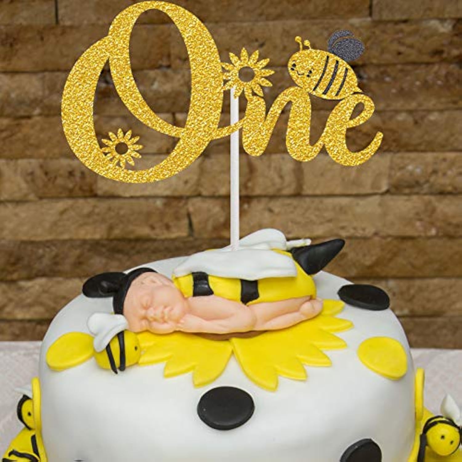Happy 1St Bee Day Gold Glitter Banner One Cake Topper Golden Triangle