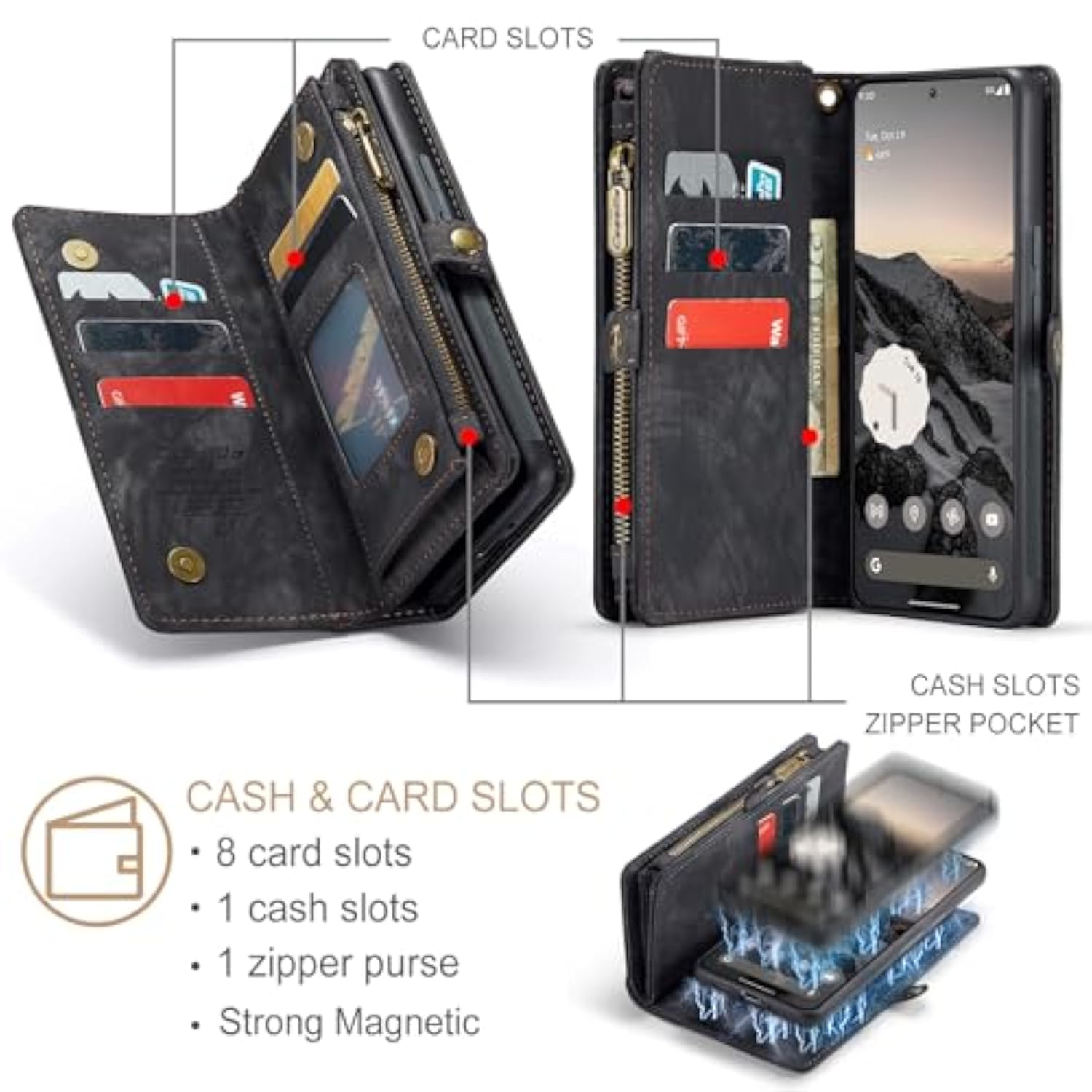 Pixel 9 Pro XL Wallet Case, Leather Zipper Folio, Card Holder, Wrist Strap - Black
