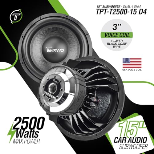 15 Inch Subwoofer D4 2500 Watts Max Power Dual 4 Ohm, 15 Subwoofer Speaker 23.5 mm High Xmax, TPT-T2500-15 D4, 3 in Voice Coil, Competition Sub