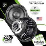 15 Inch Subwoofer D4 2500 Watts Max Power Dual 4 Ohm, 15 Subwoofer Speaker 23.5 mm High Xmax, TPT-T2500-15 D4, 3 in Voice Coil, Competition Sub